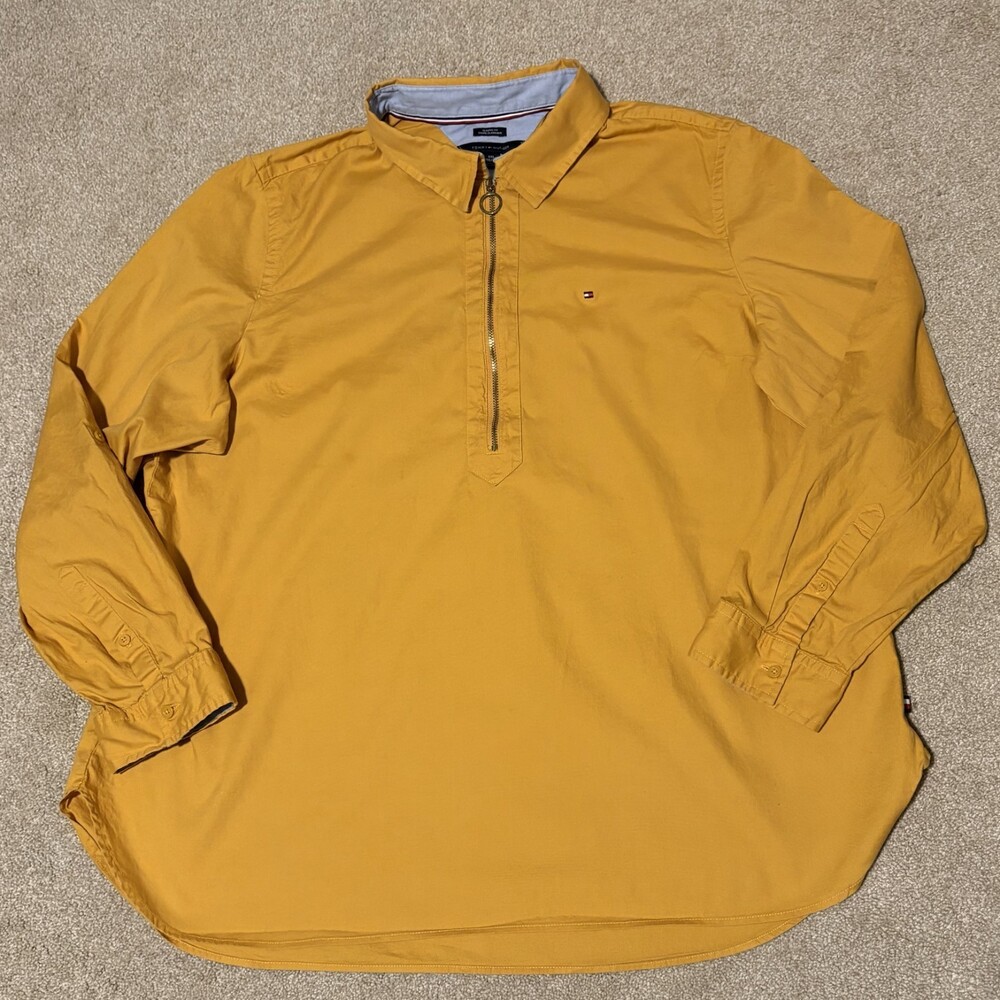 Tommy Hilfiger Mens 1/4 Zip Roll Tab Sleeve Collared Over-Shirt Yellow, Sz XXL